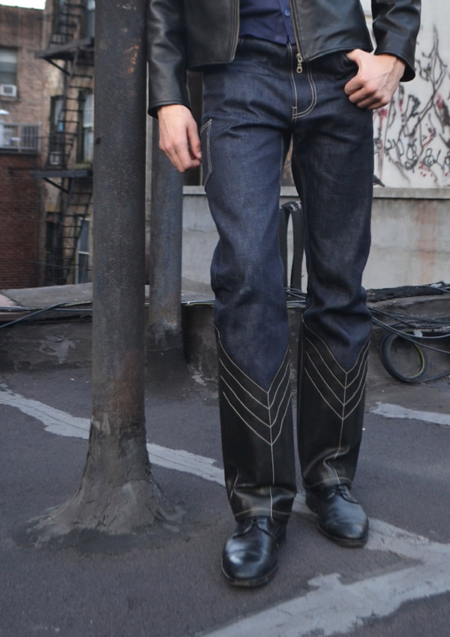 Selvedge Denim and Leather 'Bootcut' Jeans